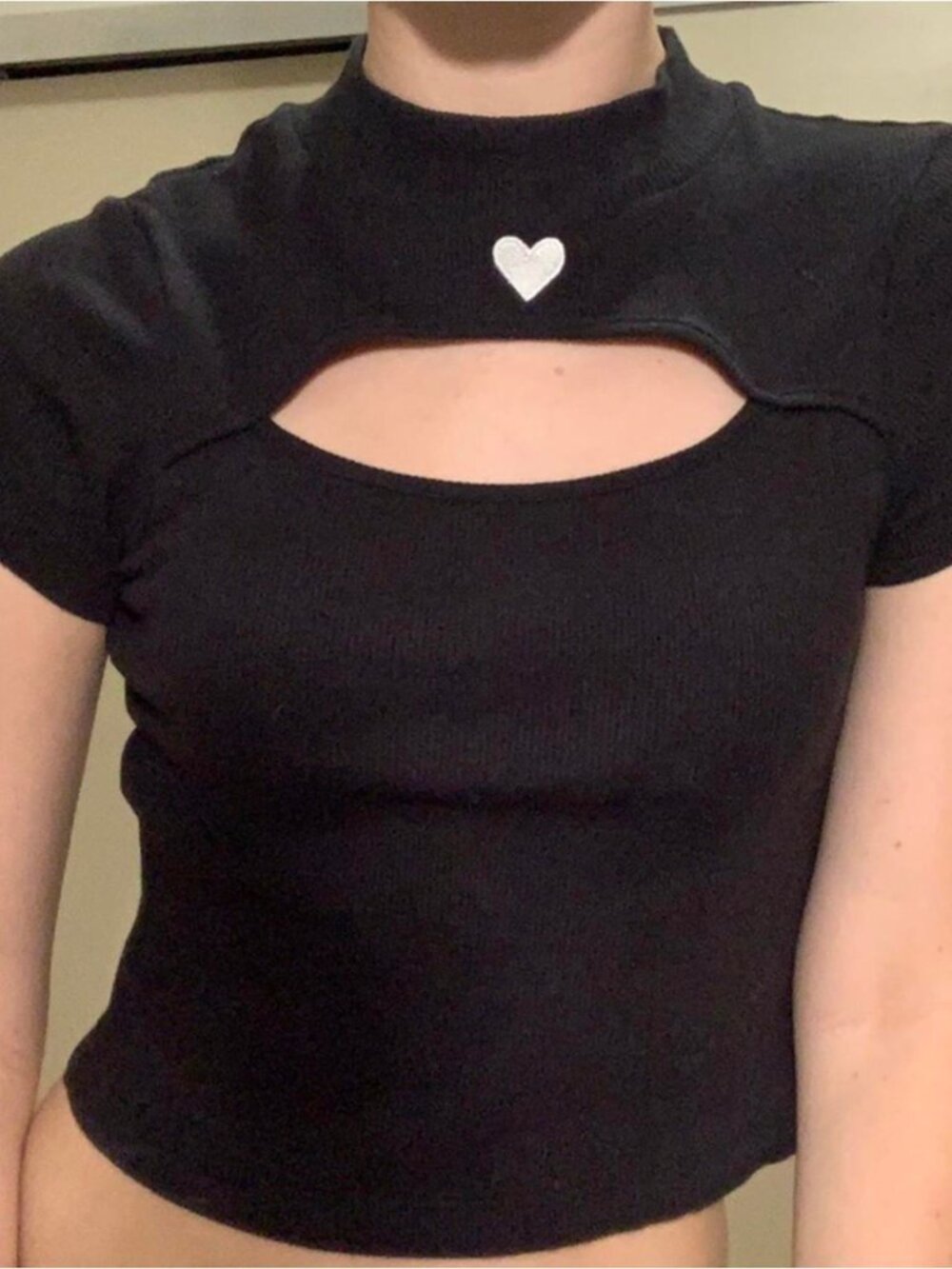 Lazy Oaf Black Ribbed Short Sleeve Crop Top with Heart Cutout